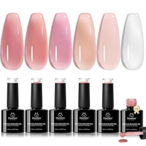 imageBeetles Builder Gel Set HEMA FreeWhispered Petals 4 Colors 8 in 1 Thickening Strengthening Building Apex with BaseampampTop Coat Gel for Beginner DIY Salon at Home UV ampamp LED Nude Pink Builder Nail GelRosy Veil