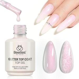 imageBeetles Gel Polish 15ML Clear Pink Color Gel Top Coat With Pink ampamp Red Heart Shape Glass Polish Soak Off UV No Wipe Beetles Romantic Heart Glitter Top Coat for Sparkle NailPearlescent Glitter