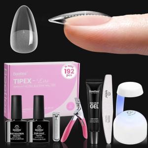 imageBeetles Tipex Lite Christmas Nail Tips Kit  192PCS Almond Medium 16 Sizes 15g UV Solid Glue 75ml Base ampamp Top Coat Blooming Gel Mini UV Lamp 6 Gel Colors 3 Nail Art Brushes for Xmas DIYTipex LiteAlmond Short 192pcs Kit