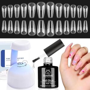 imageBeetles Gel Nail Kit FlatX Square Short 320pcs 16 Sizes Nail tips with 15g Nail Glue Gel HandsFree 75ml Base Gel amp Top Coat Mini Lamp for Acrylic Press On Nail Extension DIY Set at Home22 Medium Coffin 504pcs Clear Kit