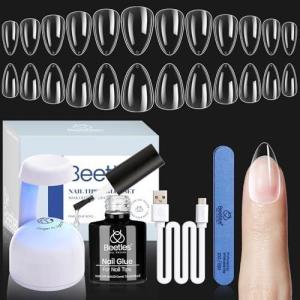 imageBeetles Gel Nail Kit FlatX Square Short 320pcs 16 Sizes Nail tips with 15g Nail Glue Gel HandsFree 75ml Base Gel amp Top Coat Mini Lamp for Acrylic Press On Nail Extension DIY Set at Home12 Short Almond 240pcs Clear Kit