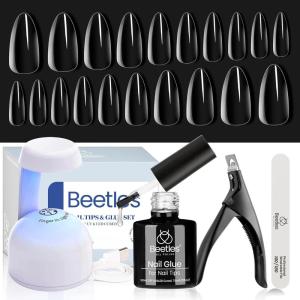 imageBeetles Gel Nail Kit FlatX Square Short 320pcs 16 Sizes Nail tips with 15g Nail Glue Gel HandsFree 75ml Base Gel amp Top Coat Mini Lamp for Acrylic Press On Nail Extension DIY Set at Home13 Medium Almond 240pcs Clear Kit