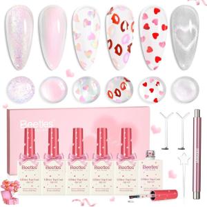imageBeetles Valentines Gel Polish Set  Pink Heart Glitter Top Coat and Rubber Base Color Gel Polish Easy Heart amp Glossy Shine Nail Art Long Lasting Soak Off Manicure Gift for WomenClear