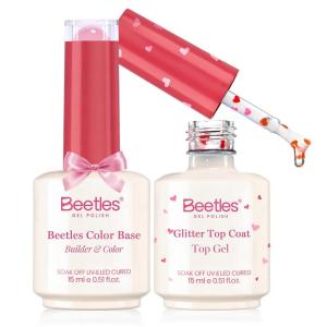 imageBeetles Valentines Gel Polish Set  Pink Heart Glitter Top Coat and Rubber Base Color Gel Polish Easy Heart amp Glossy Shine Nail Art Long Lasting Soak Off Manicure Gift for Women01Clear 2 PCS Color Builder BaseGlitter Top Coat
