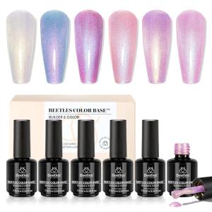 imageBeetles Valentines Gel Polish Set  Pink Heart Glitter Top Coat and Rubber Base Color Gel Polish Easy Heart amp Glossy Shine Nail Art Long Lasting Soak Off Manicure Gift for Women6 Colors Pearl Rubber Base Gel