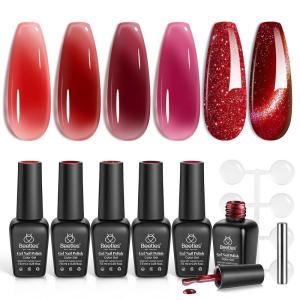 imageBeetles Rose Whispers Jelly Pink Gel Nail Polish Set  6 Colors Valentines Gel Polish Kit Jelly Pink Sheer Translucent Effect Soak Off UV Salon DIY Manicure Spring Gift for Women00Red Revival