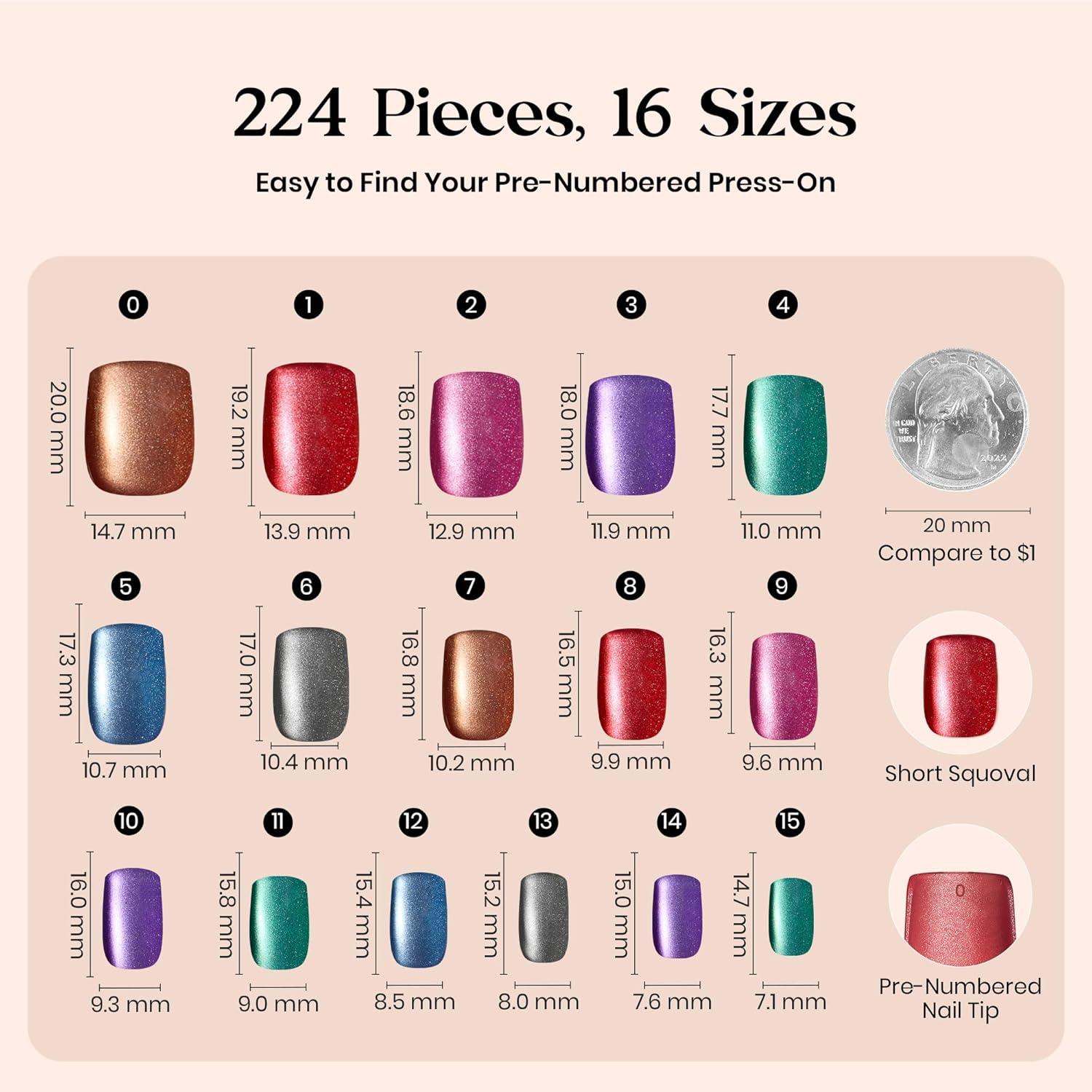 imageBeetles Cat Eye Press On Nails  Enchanted Aurora  7 Colors Medium Almond Press On Nails  16 Sizes 224 Pcs Natural Salon Quality For Red Blue Purple Nails St Patrick Day04S SquareCat Eye Galaxy Aurora