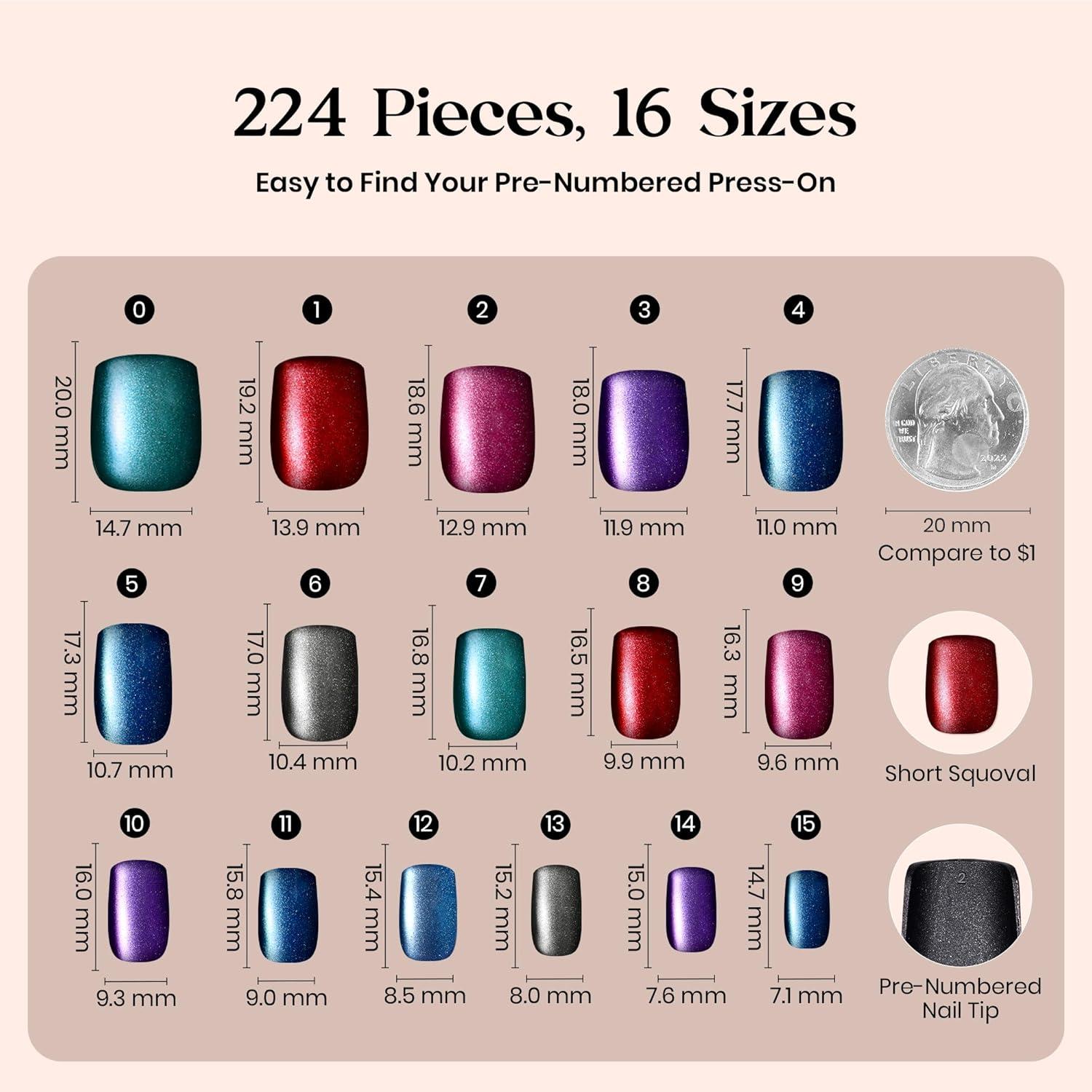 imageBeetles Cat Eye Press On Nails  Enchanted Aurora  7 Colors Medium Almond Press On Nails  16 Sizes 224 Pcs Natural Salon Quality For Red Blue Purple Nails St Patrick Day03S SquareCat Eye Mystic Aurora