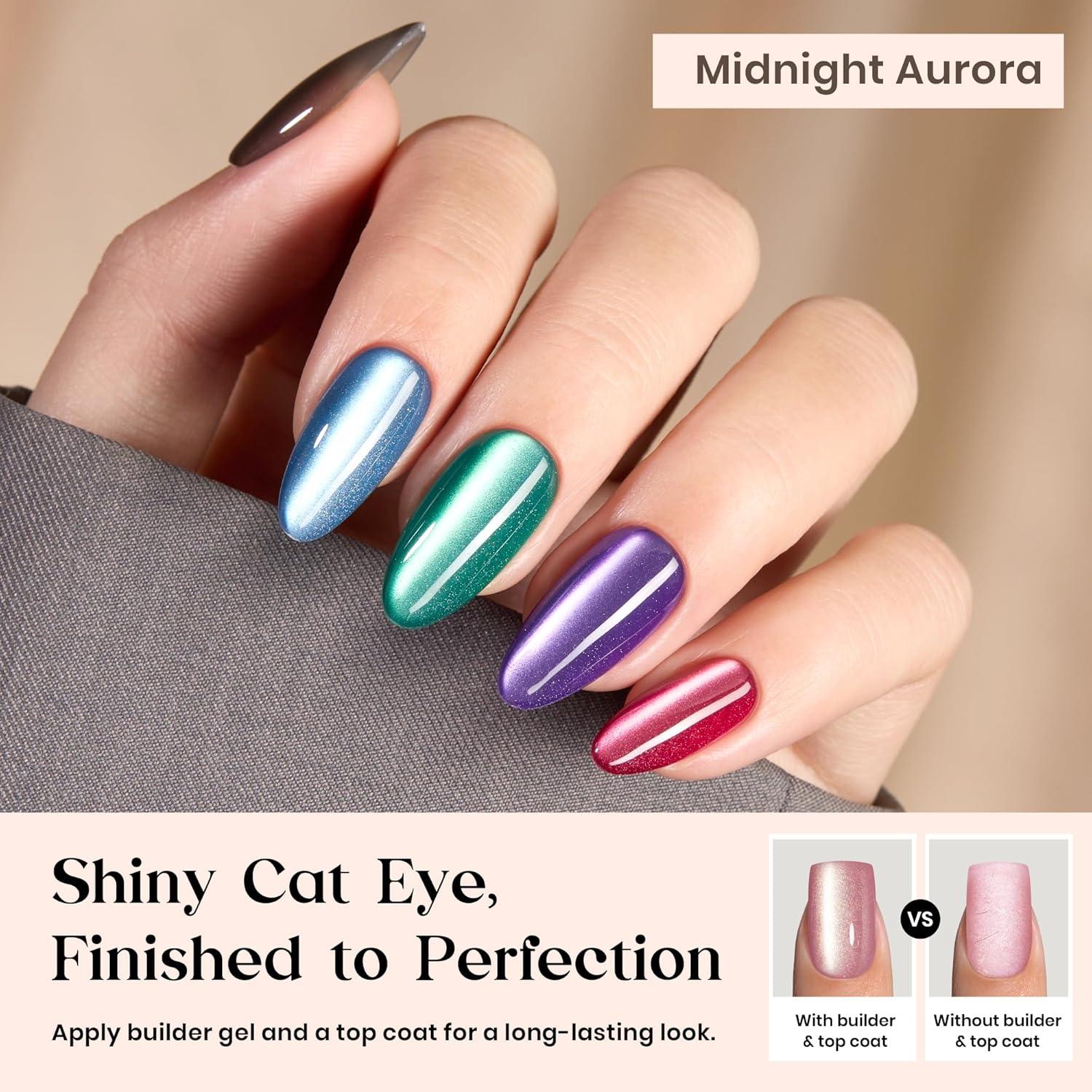 imageBeetles Cat Eye Press On Nails  Enchanted Aurora  7 Colors Medium Almond Press On Nails  16 Sizes 224 Pcs Natural Salon Quality For Red Blue Purple Nails St Patrick Day04M MediumCat Eye Midnight Aurora