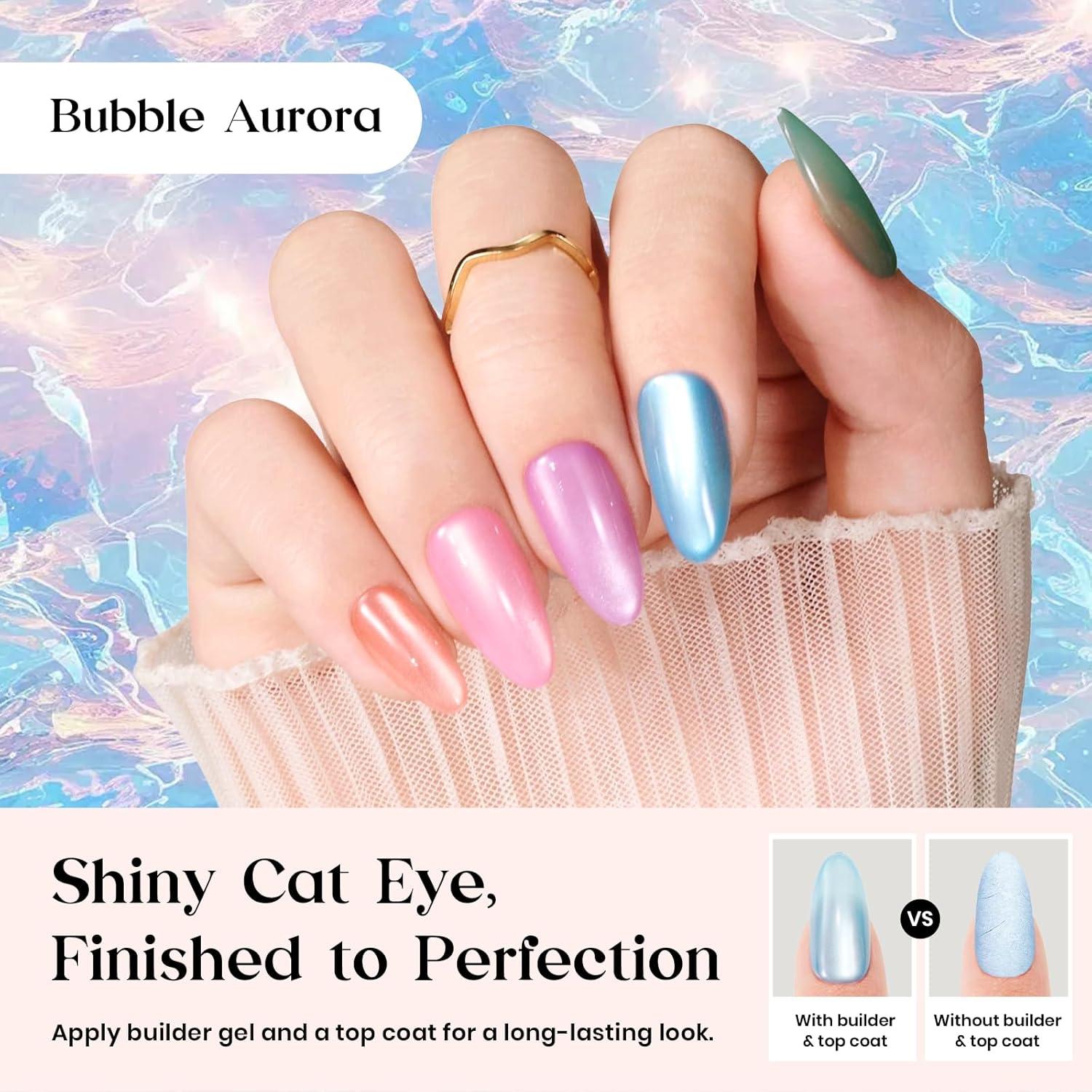 imageBeetles Cat Eye Press On Nails  Enchanted Aurora  7 Colors Medium Almond Press On Nails  16 Sizes 224 Pcs Natural Salon Quality For Red Blue Purple Nails St Patrick Day01M AlmondCat Eye Bubble Aurora