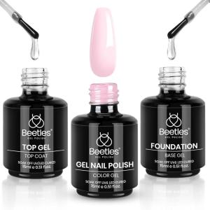 imageBeetles 3Pcs 15ml Pink Gel Nail Polish and No Wipe Gel Top Coat amp Base Coat Set Soak Off UV Lamp and Long Lasting Top Coat French Manicure Art Design Kit3 Pcs Gel Base and Top CoatPink Gel Polish