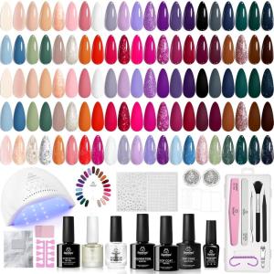 imageBeetles 80 Pcs Gel Nail Polish Kit with U V Light 20 Color Jelly Gel Nail Polish Set Milky Nude Red Purple Glitter Sheer Daylight Nails Kit with Cat Eye Top Coat Rubber Base Women Teens Girls Gifts45 Colors Exquisite Femininity