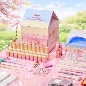 imageBeetles 80 Pcs Gel Nail Polish Kit with U V Light 20 Color Jelly Gel Nail Polish Set Milky Nude Red Purple Glitter Sheer Daylight Nails Kit with Cat Eye Top Coat Rubber Base Women Teens Girls Gifts1Pastel Teatime