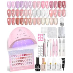 imageBeetles 80 Pcs Gel Nail Polish Kit with U V Light 20 Color Jelly Gel Nail Polish Set Milky Nude Red Purple Glitter Sheer Daylight Nails Kit with Cat Eye Top Coat Rubber Base Women Teens Girls Gifts1Sheer Daylight