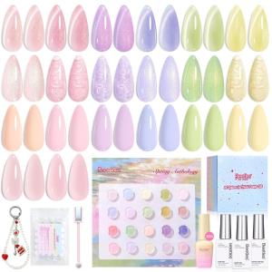 imageBeetles 80 Pcs Gel Nail Polish Kit with U V Light 20 Color Jelly Gel Nail Polish Set Milky Nude Red Purple Glitter Sheer Daylight Nails Kit with Cat Eye Top Coat Rubber Base Women Teens Girls GiftsSpring Anthology