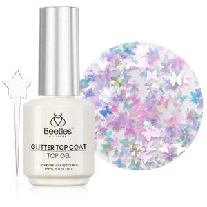 imageBeetles Butterfly Gel Top Coat 15ml  Floral Sprite Pink Butterfly Glitter Shine No Wipe Top Coat LongLasting for Gel Polish Sparkle Soak Off UV LED Gift for Women15ml Glitter Top Coat Mirage Butterfly
