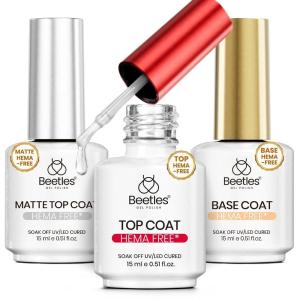 imageBeetles HEMAFree Gel Top and Base Coat 15ml TPO Free No Wipe Clear Glossy Gel Nail Polish Set Long Lasting Soak Off UV Lamp Upgraded Safe LowSensitivity Formula Nail Gifts for Women3 Pcs Gel Base and Top CoatMatte top coat