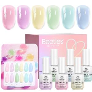 imageBeetles Spring Nectar Jelly Gel Nail Polish Set  6 Colors 15ML Pastel Gel Polish Kit Pink Purple Blue Mint Green Yellow Sheer Translucent Effect Soak Off UV Nail Art Manicure Gift for Women000Spring Nectar