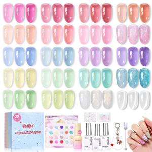 imageBeetles Spring Pudding Jelly Gel Nail Polish Set  28PCS 20 Colors Jelly Pink Purple Red Blue Green Glitter Silver Cat Eye Base Glossy Matte Top Coat French Nails Gift for Women000Spring Pudding