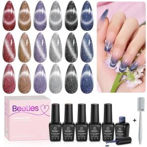 imageBeetles Bubbly Mixology Cat Eye Gel Nail Polish Set  8 Colors Pastel Spring Shimmer Glitter Gel Polish Kit Pink Blue Orange Green Yellow Purple Velvet Gel Soak Off UV DIY Manicure Gift for Women00Cute Cat Eyes