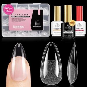 imageBeetles Gel Nail Kit EtchX Coffin Medium 288pcs 12 Sizes Nail Tips 3Pcs 15ml HEMAFree Nail Glue Top Coat amp Base Gel Set with Mini Lamp Press On Nail Long Lasting Extension DIY Set at Home22 Almond Medium 288pcs Etch X Nail Kit