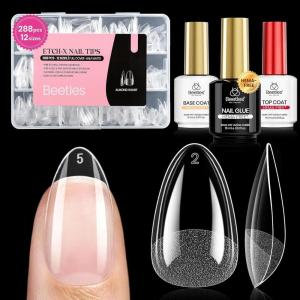 imageBeetles Gel Nail Kit EtchX Coffin Medium 288pcs 12 Sizes Nail Tips 3Pcs 15ml HEMAFree Nail Glue Top Coat amp Base Gel Set with Mini Lamp Press On Nail Long Lasting Extension DIY Set at Home21 Almond Short 288pcs Etch X Nail Kit