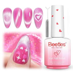 imageBeetles Sweet Crush Glow Pink Cat Eye Gel Nail Polish  15ML Valentines Gel Polish Glitter Pink Cat Eye with Heartshaped Magnet Shimmer Effect Soak Off UV Nail Art DIY Manicure Gifts for Women000Sweet Crush Glow