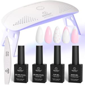 imageBeetles 2 Colors 8ML White Pink Gel Nail Polish Kit with U V Light 6 Pcs Gel Polish Set French Tip DIY Manicure Kit with Base amp Top Coat Nail File for Beginners Soak Off Gifts for Women2 ColorWhite and Pink