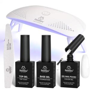 imageBeetles 22 Pcs HEMAFree Gel Nail Kit with U V Light  6 Color Pink Nude Red Pearl White Gel Polish Set Ethereal Glow GiftReady Package DIY Salon Portable Manicure Kit Mothers Day Gifts for WomenWhite