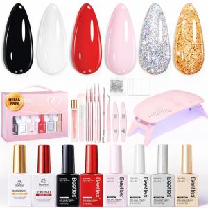 imageBeetles 22 Pcs HEMAFree Gel Nail Kit with U V Light  6 Color Pink Nude Red Pearl White Gel Polish Set Ethereal Glow GiftReady Package DIY Salon Portable Manicure Kit Mothers Day Gifts for WomenTimeless Charm