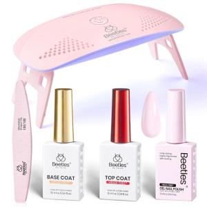 imageBeetles 22 Pcs HEMAFree Gel Nail Kit with U V Light  6 Color Pink Nude Red Pearl White Gel Polish Set Ethereal Glow GiftReady Package DIY Salon Portable Manicure Kit Mothers Day Gifts for WomenHemaFreeLight Pink