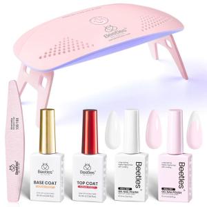 imageBeetles 22 Pcs HEMAFree Gel Nail Kit with U V Light  6 Color Pink Nude Red Pearl White Gel Polish Set Ethereal Glow GiftReady Package DIY Salon Portable Manicure Kit Mothers Day Gifts for WomenHemaFreeWhite and Pink