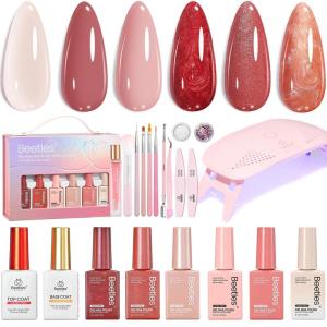 imageBeetles 22 Pcs HEMAFree Gel Nail Kit with U V Light  6 Color Pink Nude Red Pearl White Gel Polish Set Ethereal Glow GiftReady Package DIY Salon Portable Manicure Kit Mothers Day Gifts for WomenEthereal Glow