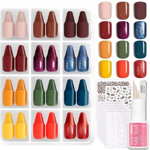 imageBeetles Press On Nails Kit  Chromatic Reverie  720Pcs 24 Colors Short Almond Press On Nails  15 Sizes French Glossy Glitter With Nail Glue amp Nail Tabs Stickers Fake Nails Kit Art For WomenJS SquareFestival Glow360PCS