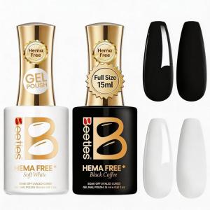 imageBeetles French Tip Gel Polish  Peach Mousse 15ML Full Size with French Tip Stamp Hema Free White Light Pink Gel Nail Polish Soak Off UV LED Lamp French Nail Kit Art for Summer NailsSimple Black white