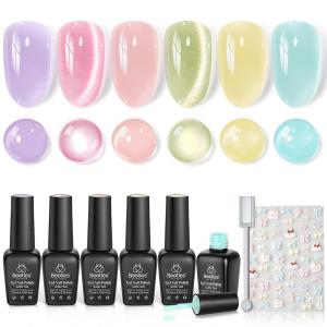 imageBeetles Summer Voyage Cat Eye Gel Nail Polish Set  9ML 6 Colors Saltmist Sunset Summer Cat Eye Gel Nail Polish Kit Yellow Blue Green Pink Purple Soak Off UV Salon DIY at Home Manicure Gift for WomenSoft Glow Pudding