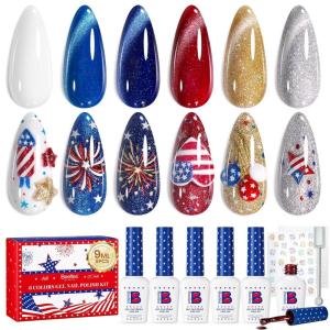 imageBeetles 4th of July Gel Nail Polish Set  6 Colors Independence Spark Cat Eye Gel Polish Kit Glitter Blue Red White Sliver Gold with Magnet amp Stickers Soak Off Uv Nail Art at Home Gift for WomenIndependence Spark